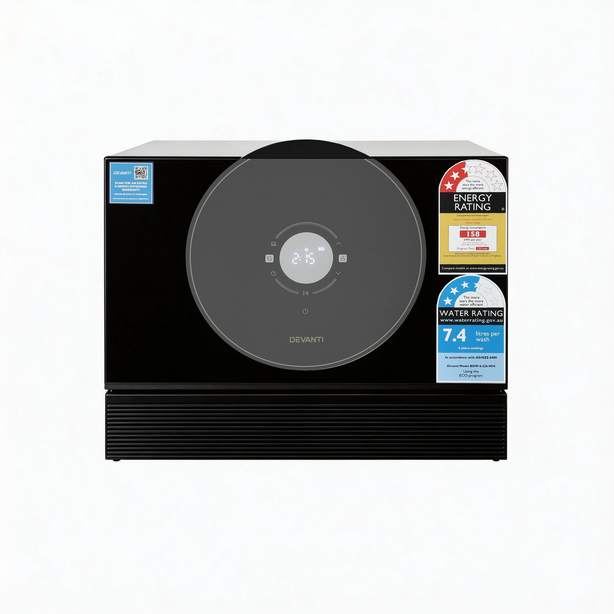 Black Devanti benchtop dishwasher with digital display