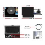 Black benchtop dishwasher with dimensions and accessories