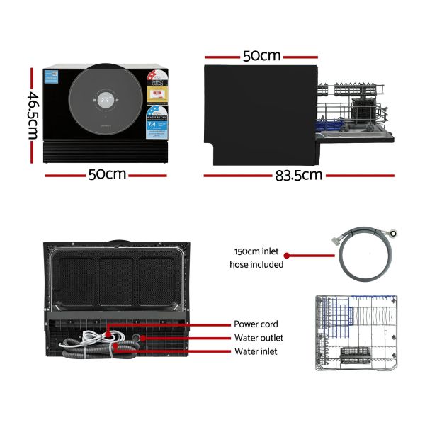 devanti 6 place setting benchtop dishwasher 50cm black Black benchtop dishwasher with dimensions and accessories