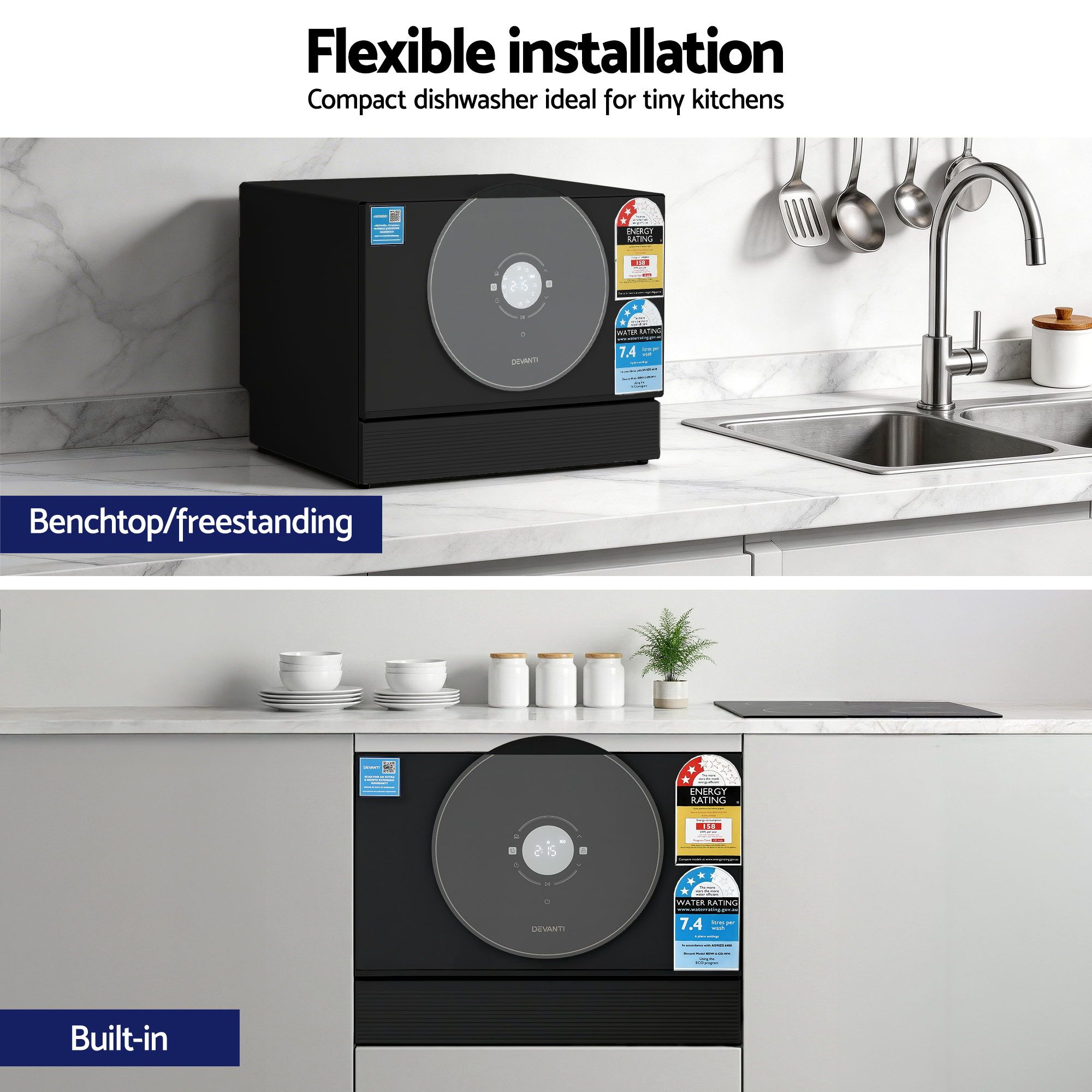 Compact benchtop dishwasher in modern kitchen