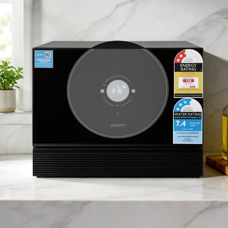 Black Devanti benchtop dishwasher with digital display