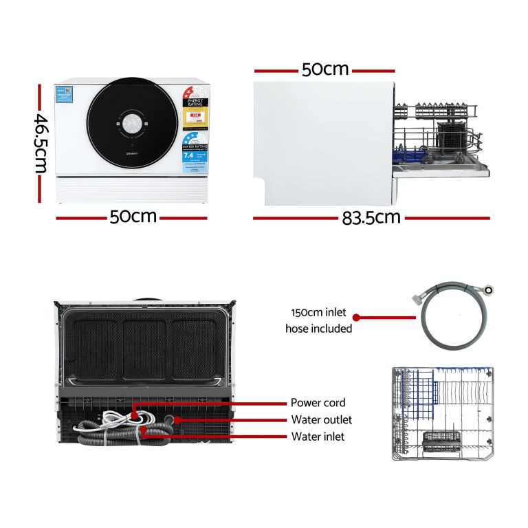 devanti 6 place setting benchtop dishwasher 50cm white Compact benchtop dishwasher with dimensions and accessories shown
