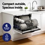 devanti 6 place setting benchtop dishwasher 50cm white Compact underbench dishwasher with open rack of dishes
