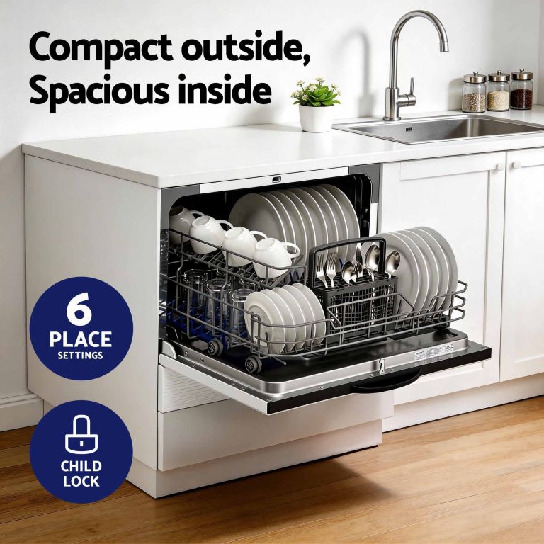 devanti 6 place setting benchtop dishwasher 50cm white Compact underbench dishwasher with open rack of dishes