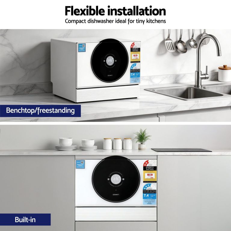 devanti 6 place setting benchtop dishwasher 50cm white Compact benchtop dishwasher in modern kitchen
