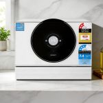 devanti 6 place setting benchtop dishwasher 50cm white Devanti benchtop dishwasher with circular digital display