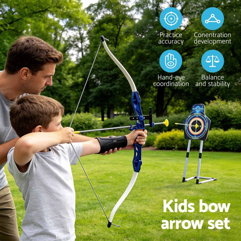 keezi kids bow and arrow set toy archery standing target suction cup arrows Father guiding child using bow and arrow
