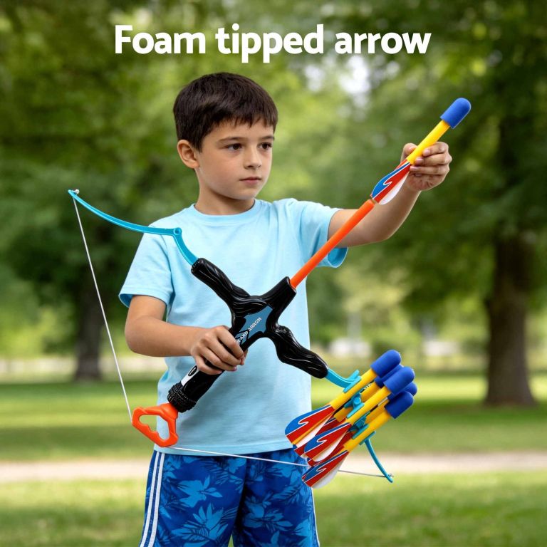 keezi kids bow and arrow set toy archery standing target suction cup arrows Boy holding toy bow with foam-tipped arrows
