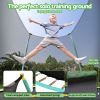 Child jumping on enclosed backyard trampoline