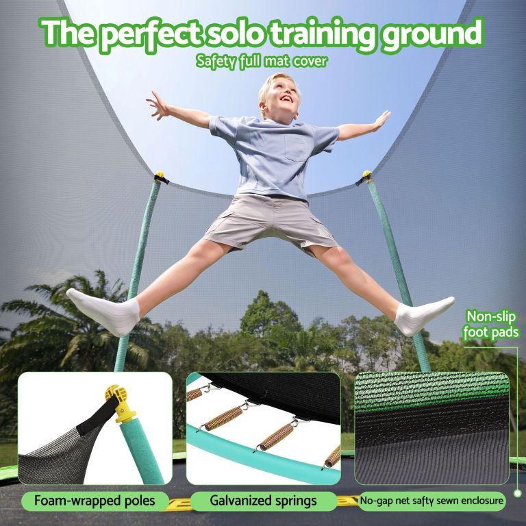 Child jumping on enclosed backyard trampoline