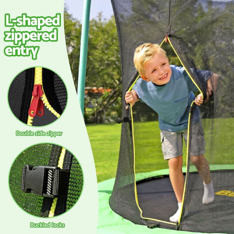 Child exiting trampoline with L-shaped zip entry