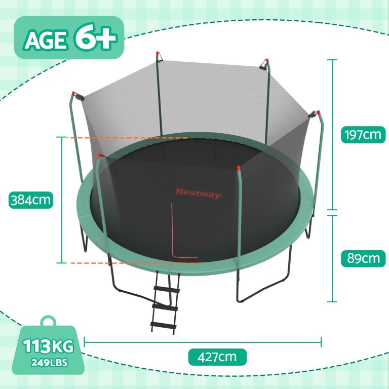 bestway 14ft trampoline kids rebounder safety net enclosure outdoor fitness 4.27m for ages 6+ Round trampoline with safety net and ladder