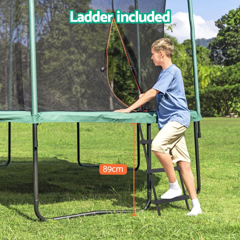 bestway 14ft trampoline kids rebounder safety net enclosure outdoor fitness 4.27m for ages 6+ Boy climbing trampoline ladder in backyard