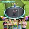 bestway 14ft trampoline kids rebounder safety net enclosure outdoor fitness 4.27m for ages 6+ Girl jumping on backyard trampoline at kids party