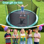 bestway 14ft trampoline kids rebounder safety net enclosure outdoor fitness 4.27m for ages 6+ Girl jumping on backyard trampoline at kids party