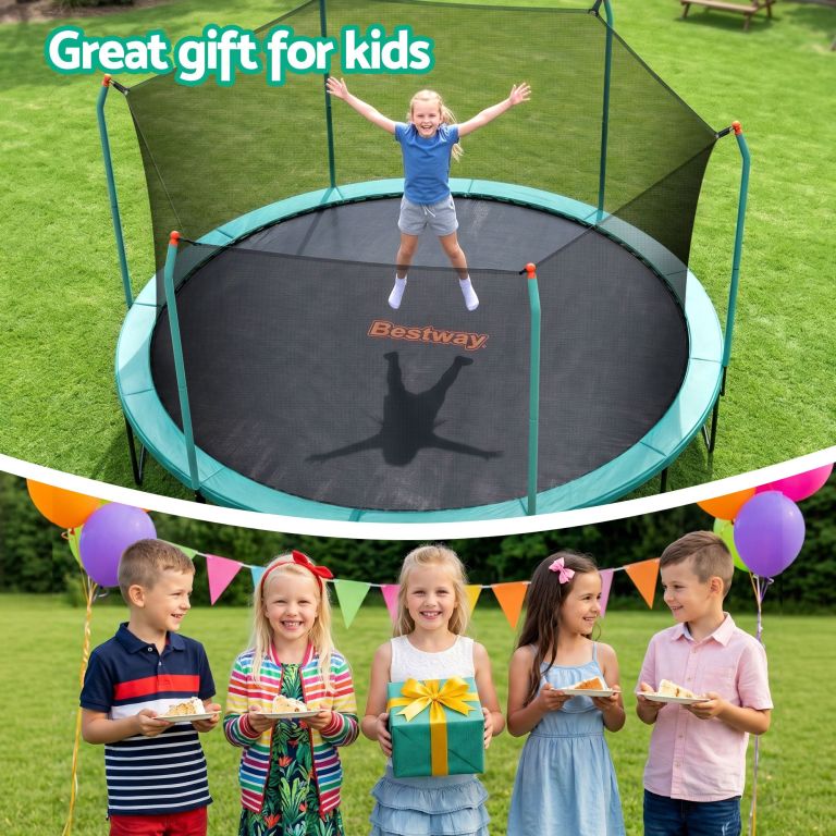 bestway 14ft trampoline kids rebounder safety net enclosure outdoor fitness 4.27m for ages 6+ Girl jumping on backyard trampoline at kids party