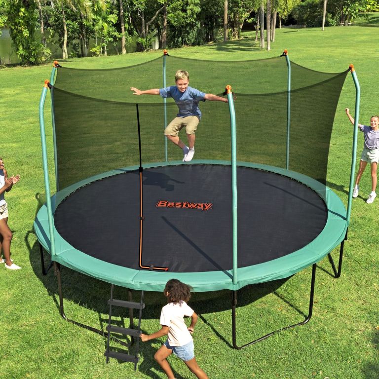 bestway 14ft trampoline kids rebounder safety net enclosure outdoor fitness 4.27m for ages 6+ Kids playing on backyard trampoline with safety net