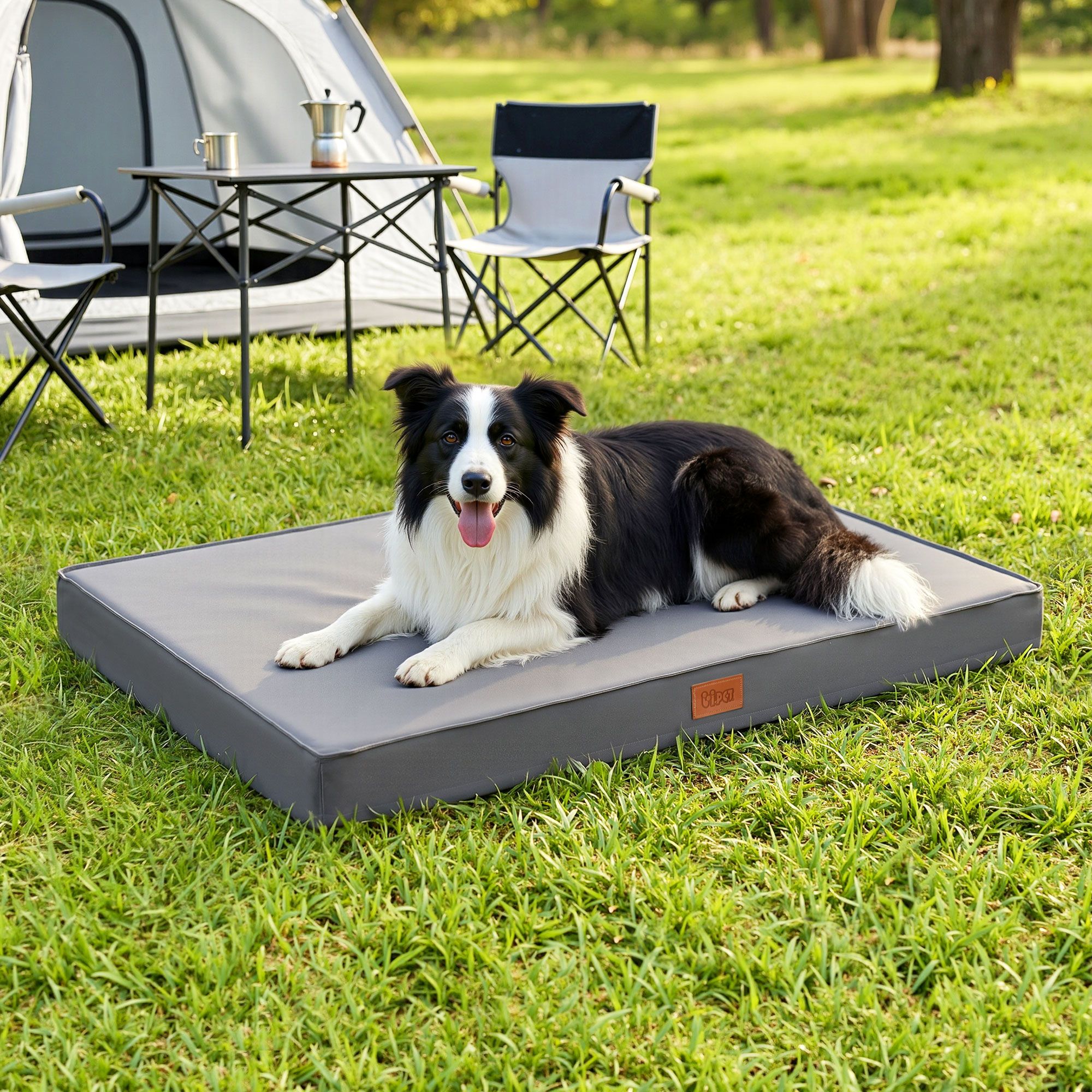 Border Collie on raised dog bed at campsite