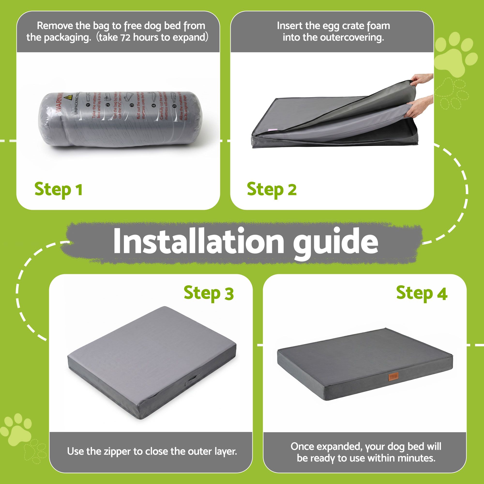 Dog bed installation steps with foam insert