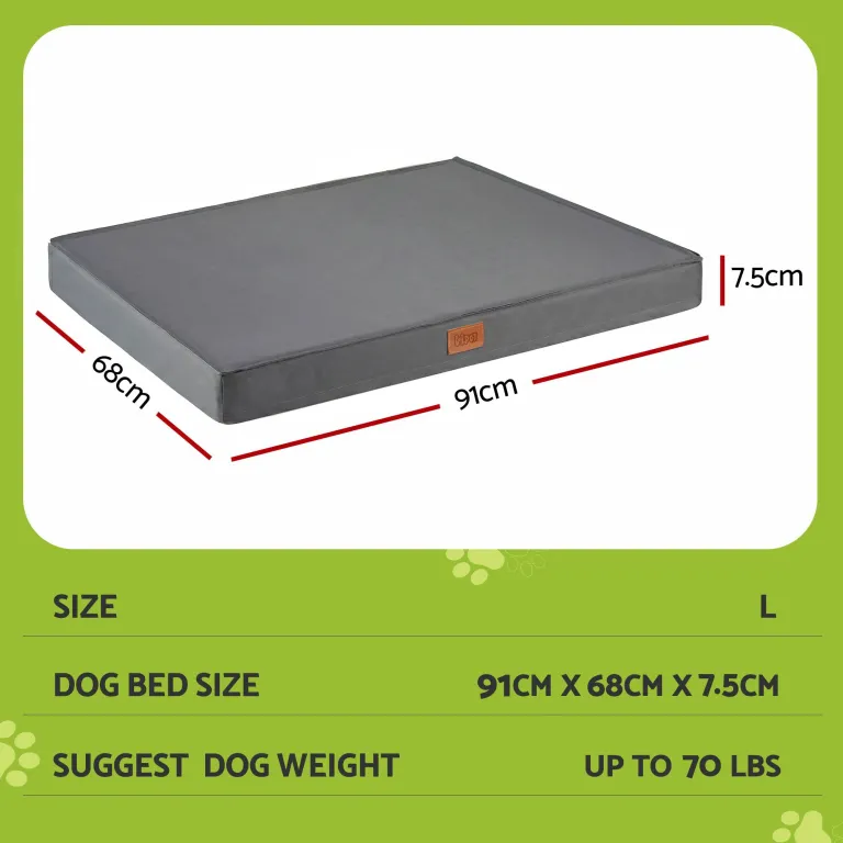 Large grey dog bed with dimensions labelled