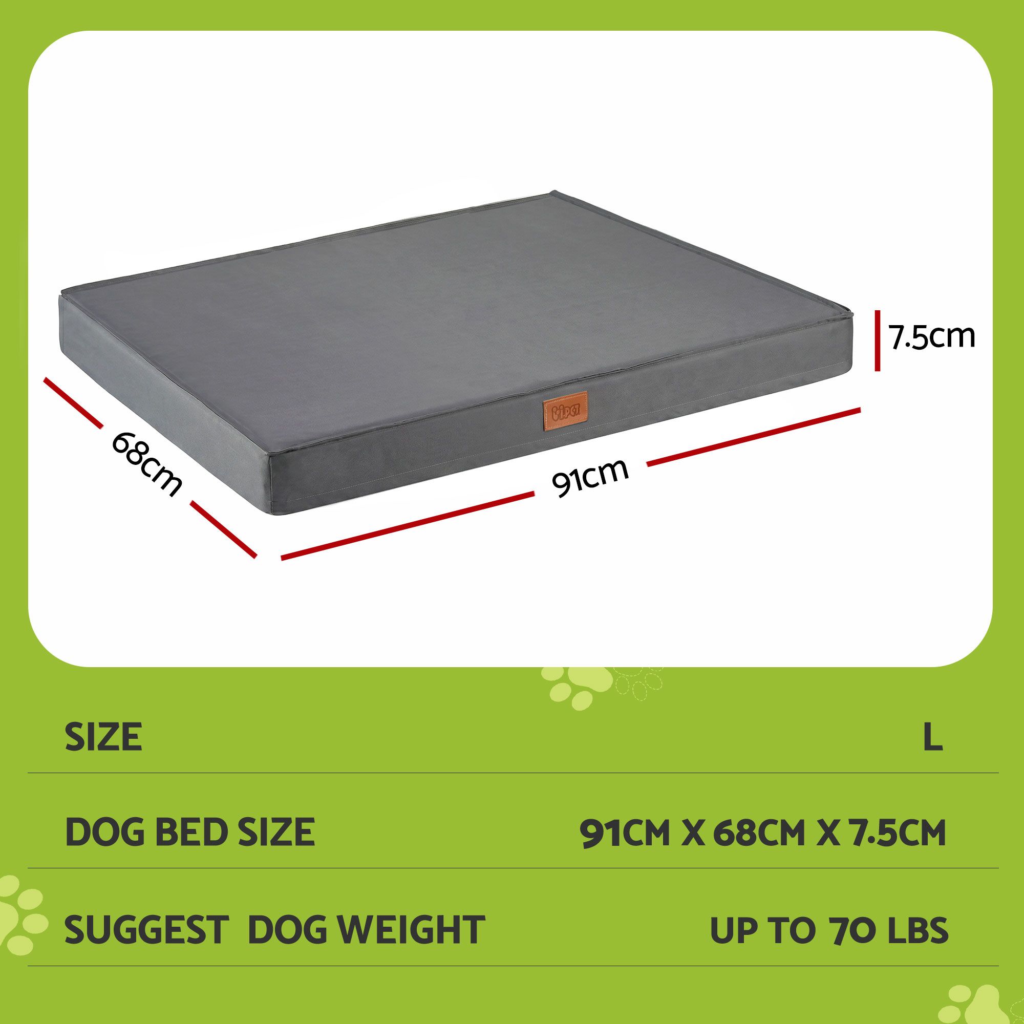 Large grey dog bed with dimensions labelled