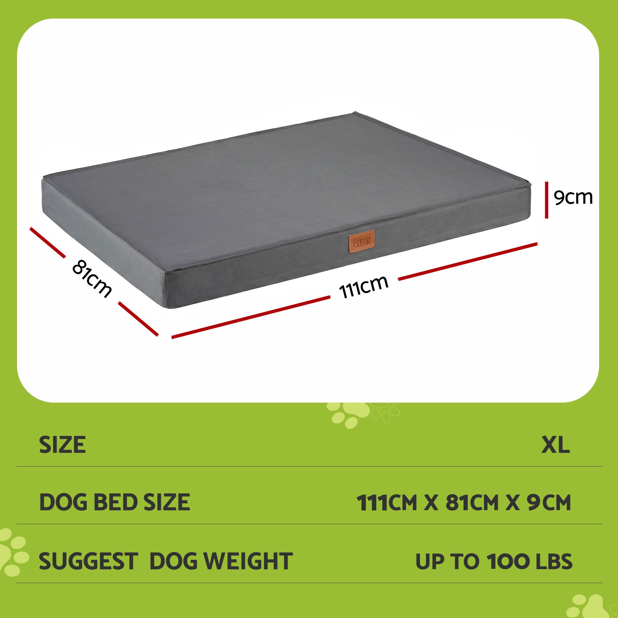 XL grey dog bed with dimensions displayed