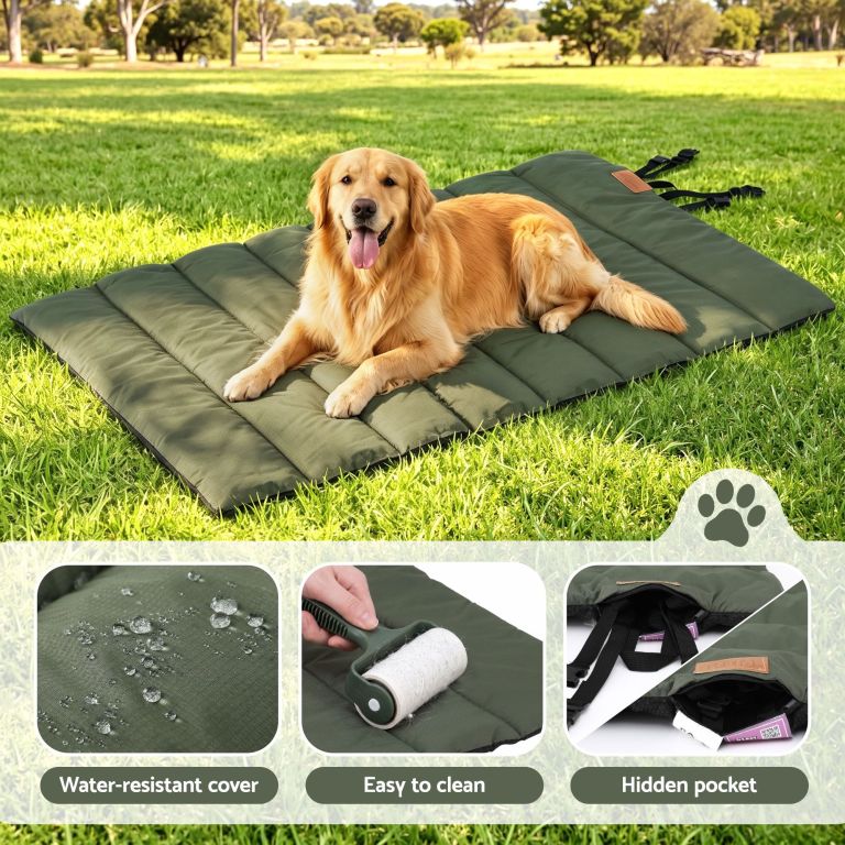 i.pet outdoor dog bed large water resistant washable foldable travel dog mat green Golden retriever on green outdoor dog mat