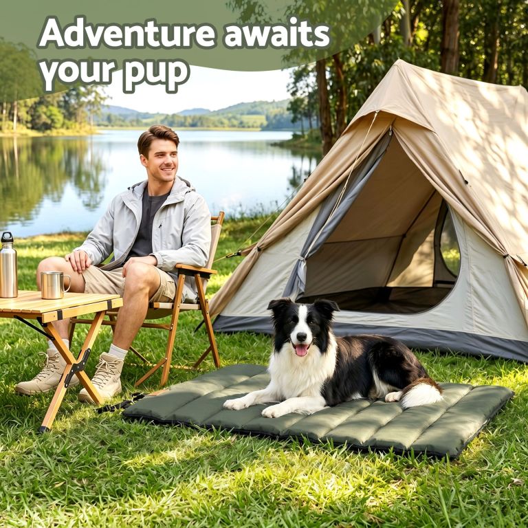 i.pet outdoor dog bed large water resistant washable foldable travel dog mat green Man camping by lake with dog and tent
