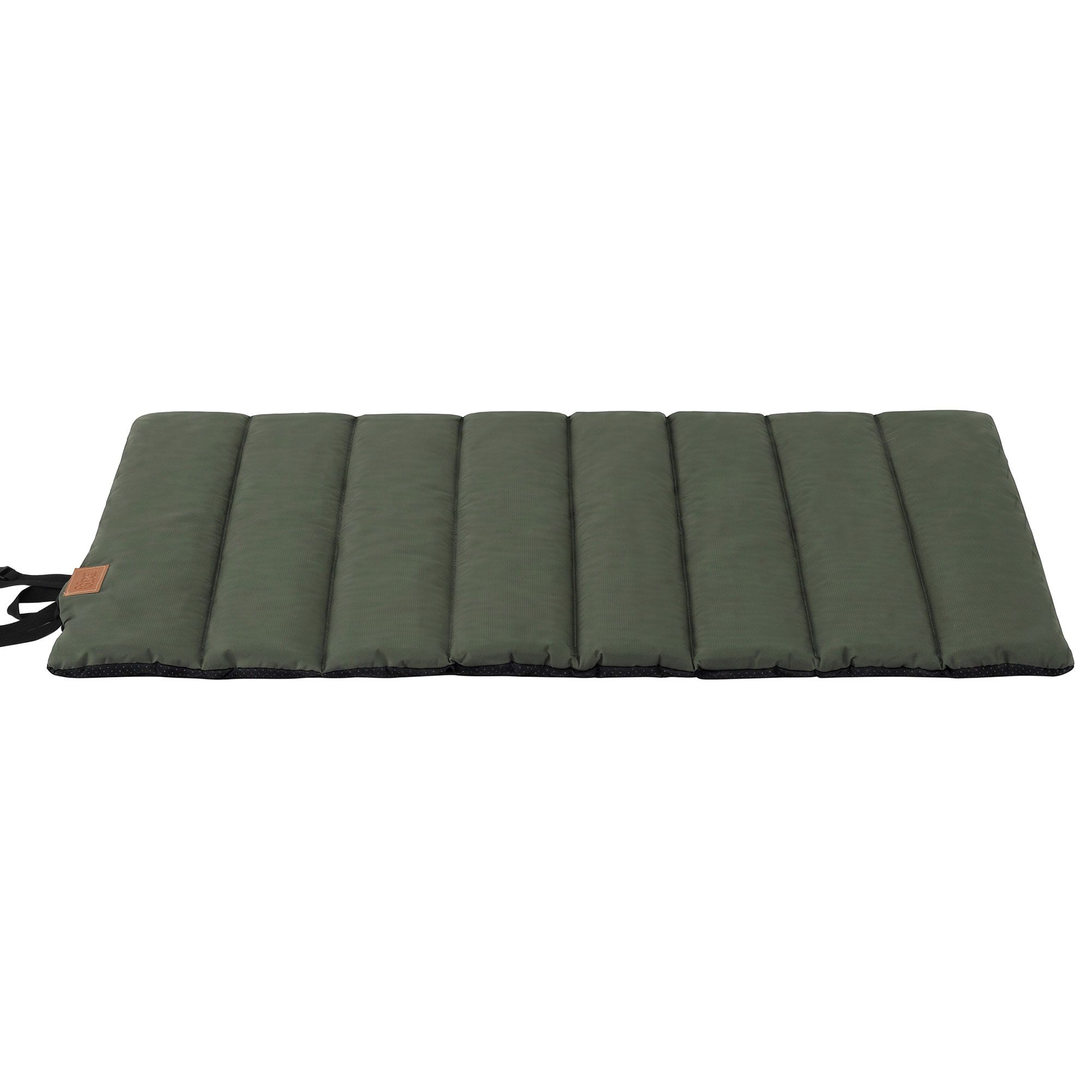 Green padded camping mat on white background
