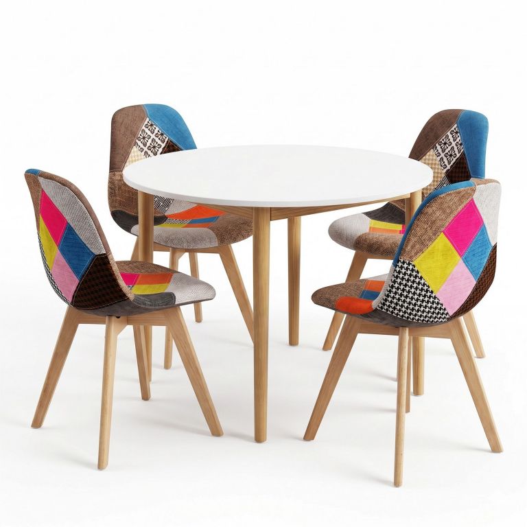 Round white table with colourful patchwork chairs