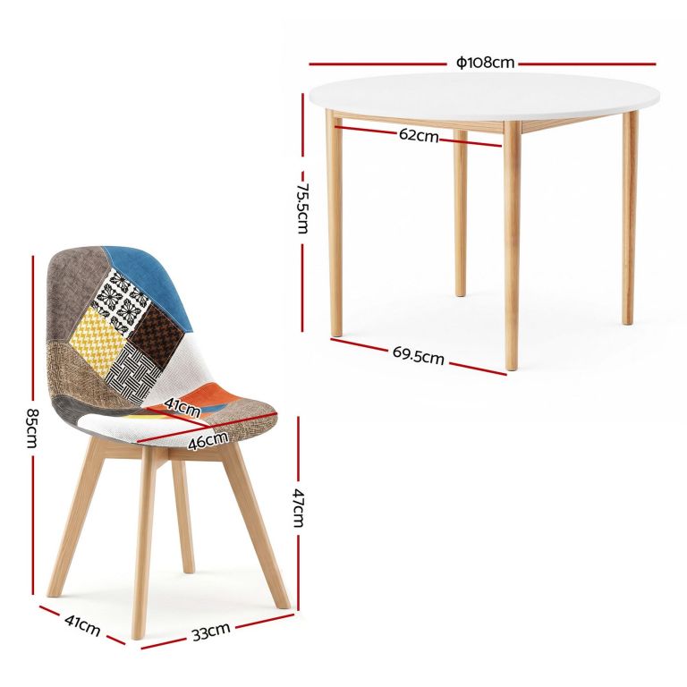 Round dining table and patchwork chair dimensions