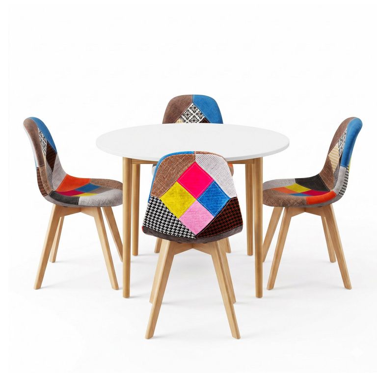 Round white table with colourful patchwork chairs