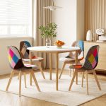 Modern dining area with colourful patchwork chairs