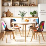 Modern kitchen with colourful chairs and round table