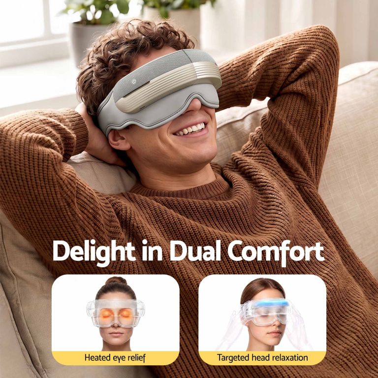 livemor eye and head massager with heat, eye massager, forehand and temple massager, air compression & bluetooth music, 5 modes, 180° foldable, relaxation gifts for mom dad women men Person relaxing with heated eye massager at home