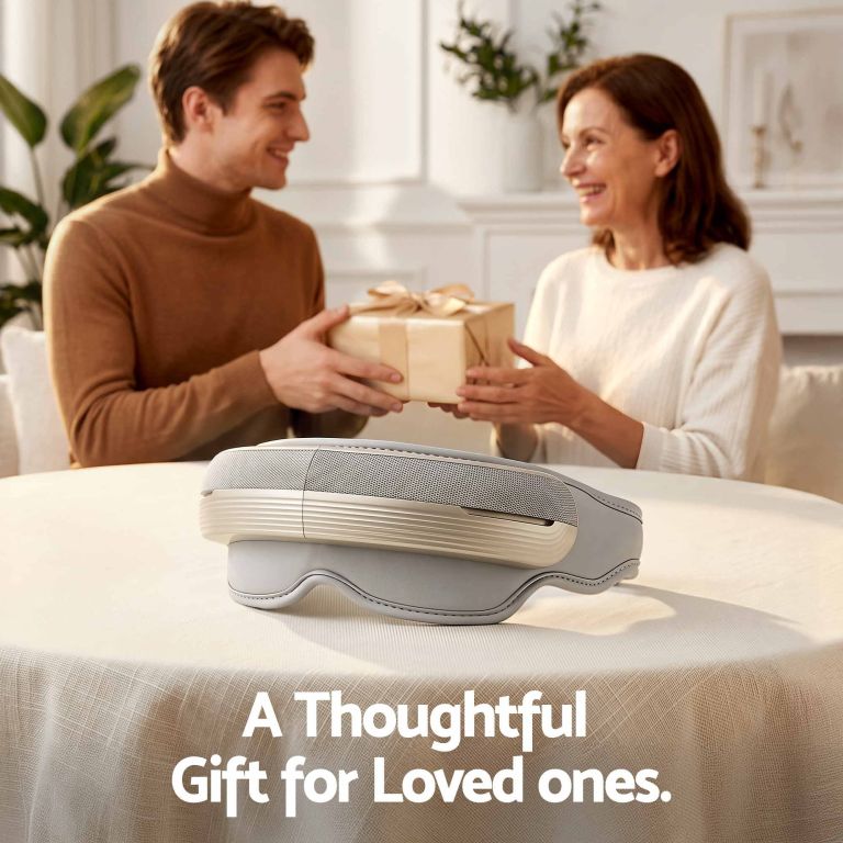 livemor eye and head massager with heat, eye massager, forehand and temple massager, air compression & bluetooth music, 5 modes, 180° foldable, relaxation gifts for mom dad women men Man giving wrapped gift to smiling woman indoors