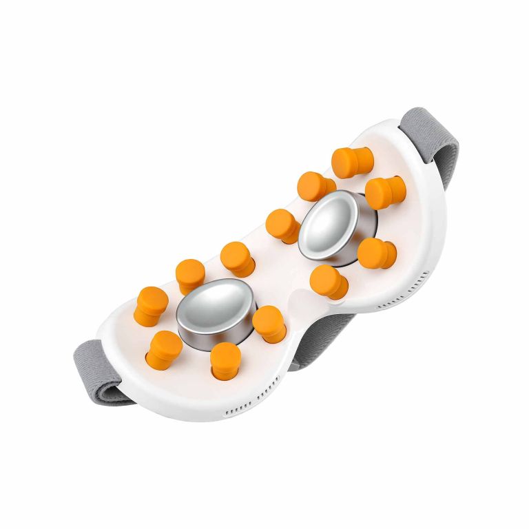 livemor eye massager with cooling & heating | dual hot cold compress goggles with 12 vibrating nodes for migraine relief | wireless bluetooth eye mask with 10min timer & 2400mah battery, white Wearable electric body massager belt with orange nodes