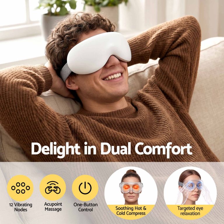 livemor eye massager with cooling & heating | dual hot cold compress goggles with 12 vibrating nodes for migraine relief | wireless bluetooth eye mask with 10min timer & 2400mah battery, white Man relaxing with electric eye massager mask