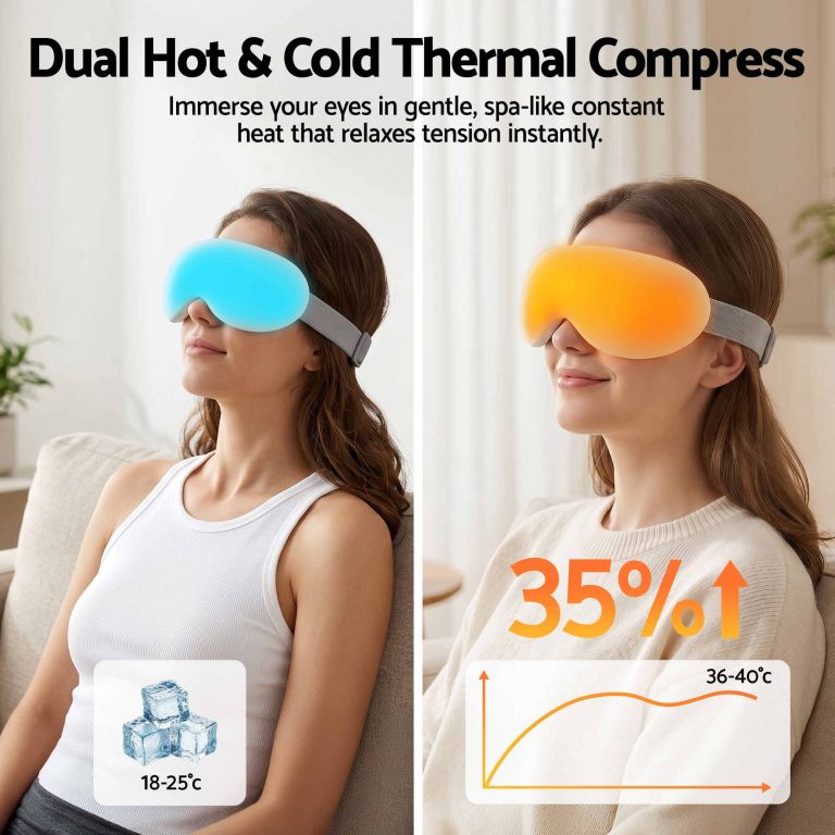 livemor eye massager with cooling & heating | dual hot cold compress goggles with 12 vibrating nodes for migraine relief | wireless bluetooth eye mask with 10min timer & 2400mah battery, white Woman using dual hot and cold eye mask