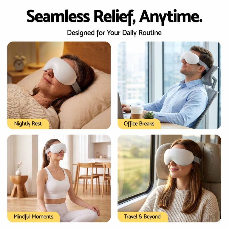 livemor eye massager with cooling & heating | dual hot cold compress goggles with 12 vibrating nodes for migraine relief | wireless bluetooth eye mask with 10min timer & 2400mah battery, white People using eye mask for relaxation anywhere