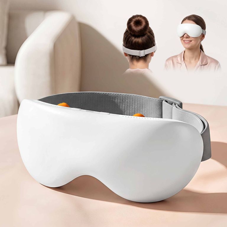 livemor eye massager with cooling & heating | dual hot cold compress goggles with 12 vibrating nodes for migraine relief | wireless bluetooth eye mask with 10min timer & 2400mah battery, white Woman wearing wireless eye massager device