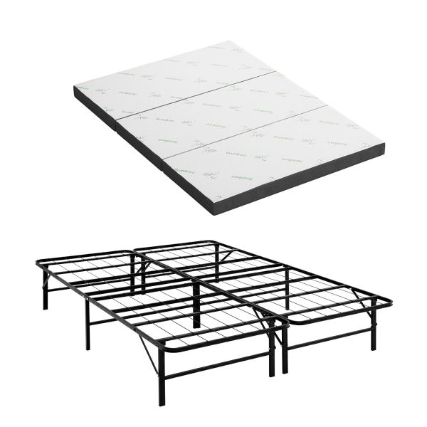 giselle folding bed with mattress double portable foldable guest bed bamboo cover Tri-fold bamboo mattress and metal bed frame