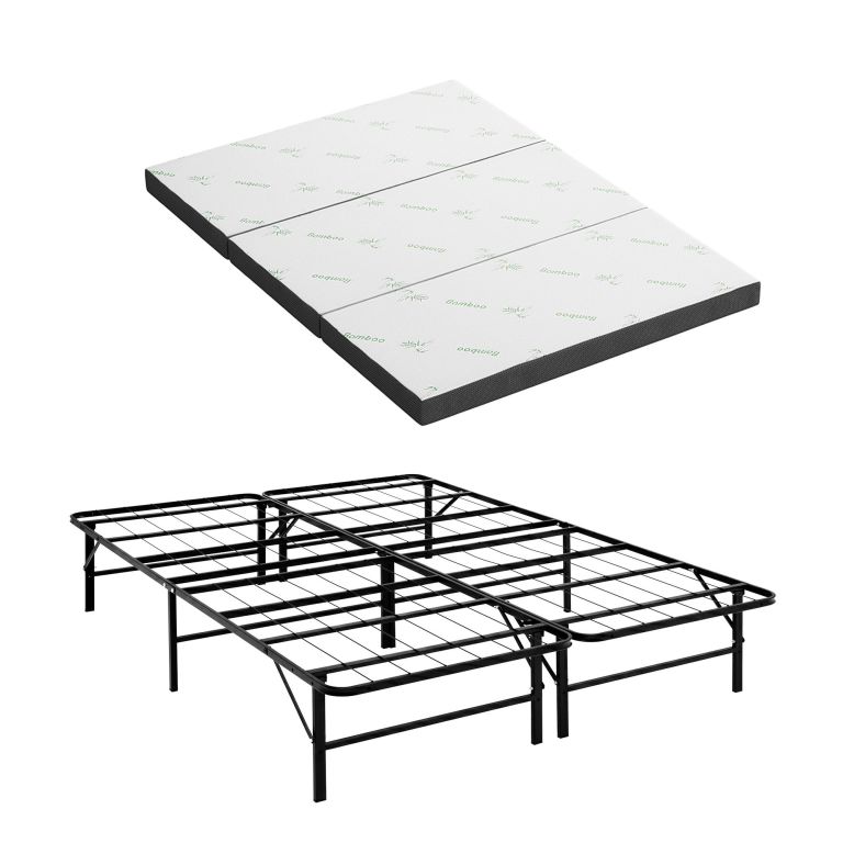giselle folding bed with mattress double portable foldable guest bed bamboo cover Tri-fold bamboo mattress and metal bed frame