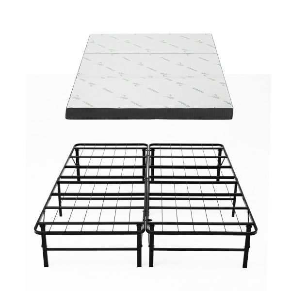 giselle folding bed with mattress double portable foldable guest bed bamboo cover Foldable bamboo mattress above metal bed frame