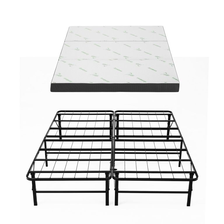 giselle folding bed with mattress double portable foldable guest bed bamboo cover Foldable bamboo mattress above metal bed frame
