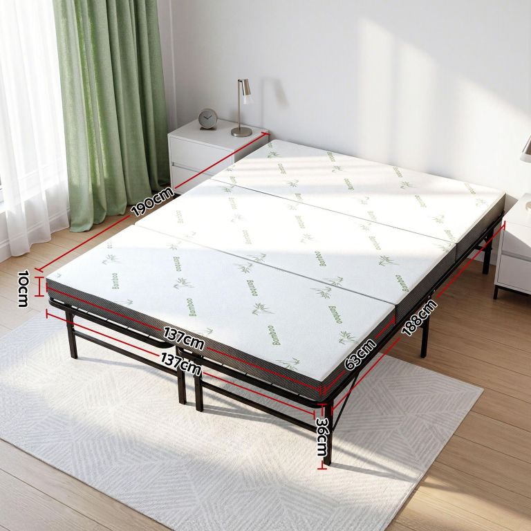 giselle folding bed with mattress double portable foldable guest bed bamboo cover Foldable bamboo mattress bed with dimensions labelled