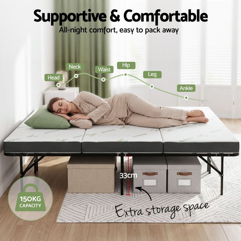 giselle folding bed with mattress double portable foldable guest bed bamboo cover Woman sleeping on supportive foldable bamboo mattress