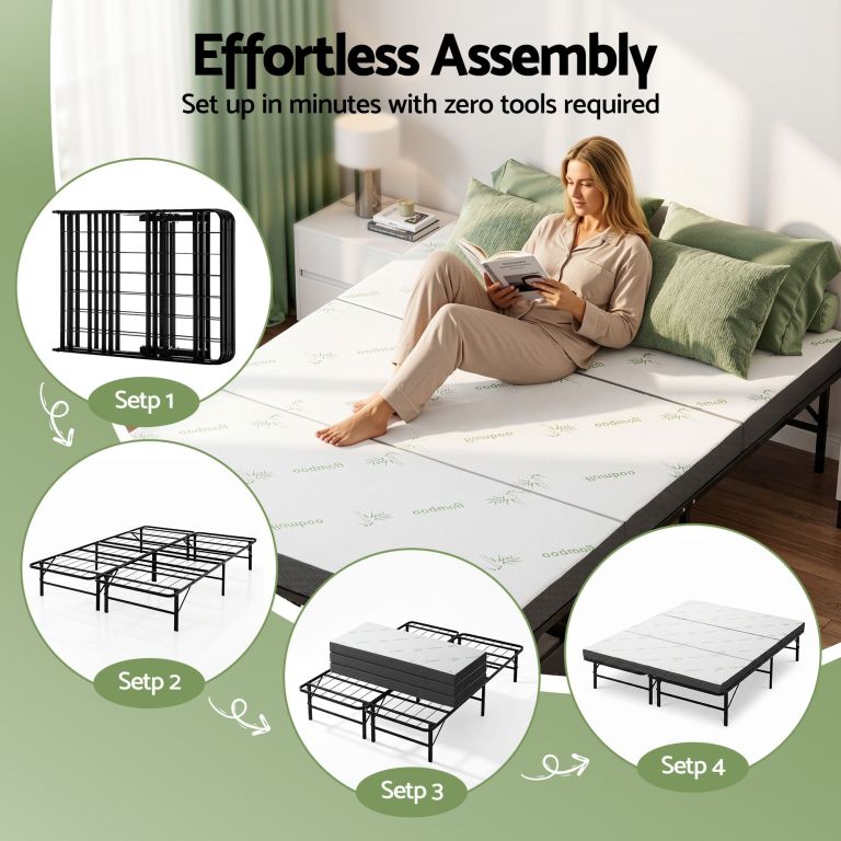 giselle folding bed with mattress double portable foldable guest bed bamboo cover Easy assembly metal bed frame with mattress