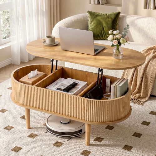 Modern wooden lift-top coffee table with laptop