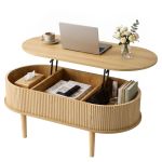 Modern wooden lift-top coffee table with laptop